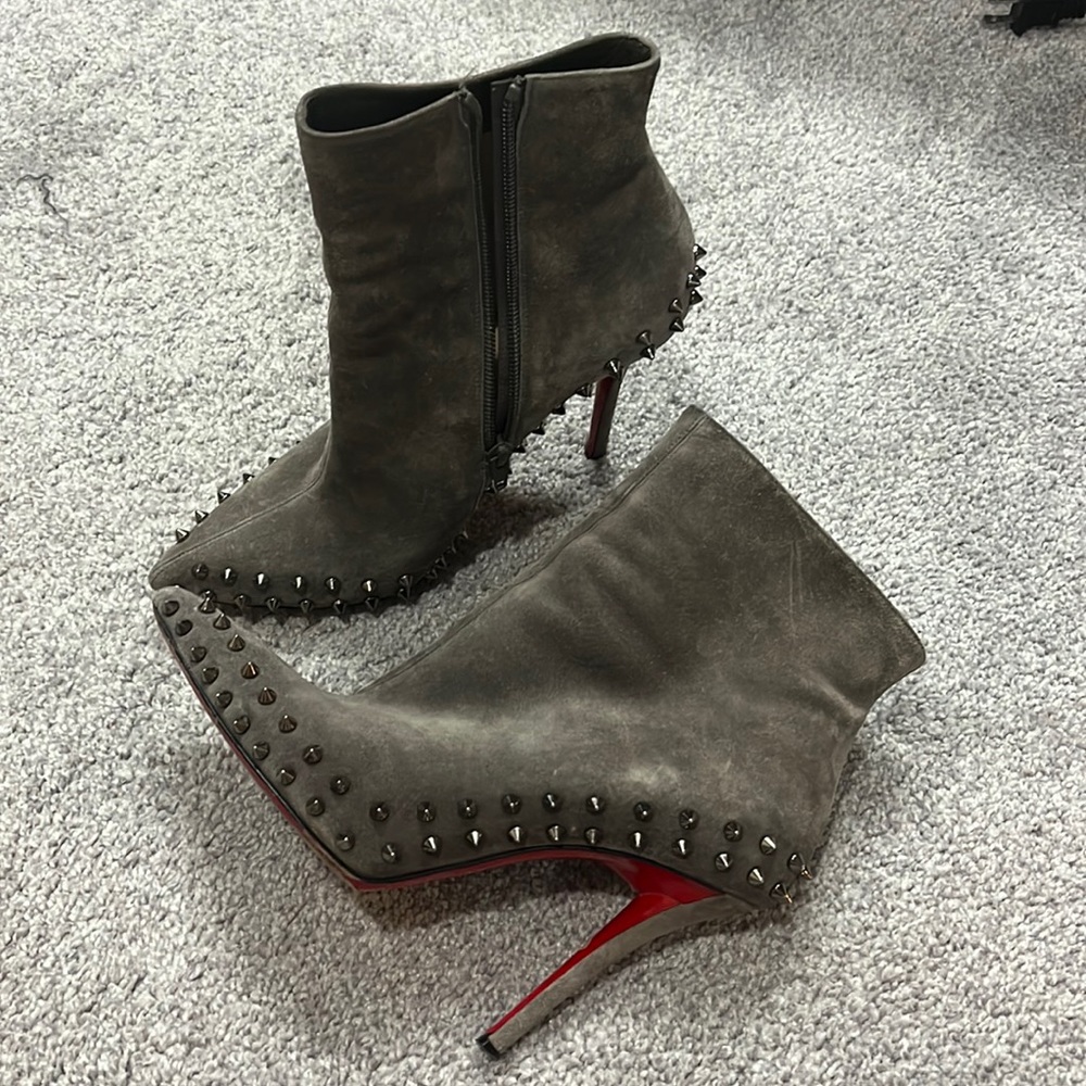 Christian Louboutin spike gray suede booties